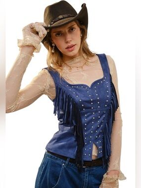 NEW blue b Navy Faux Suede Western Fringe Silver Stud Rodeo Sleeveless Tank Top